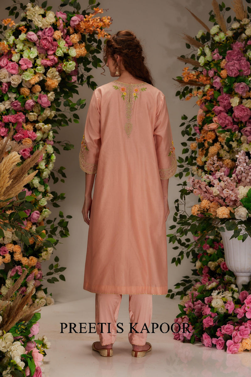 Peach Chanderi Long a-line Kurta set - Preeti s kapoor