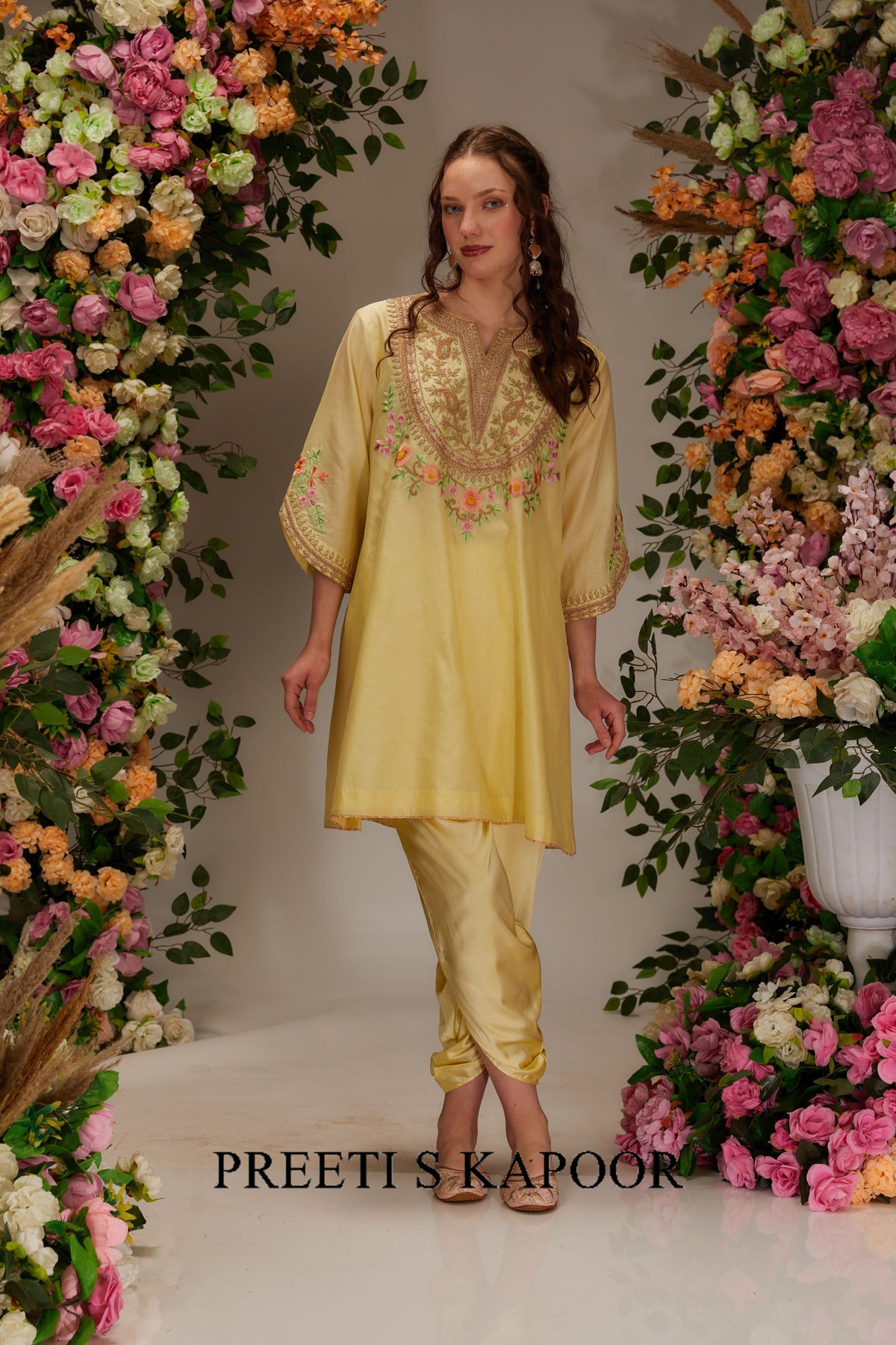 Yellow Chanderi Short A-line Kurta set - Preeti s kapoor