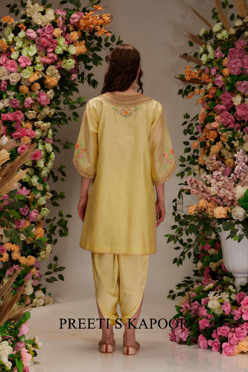 Yellow Chanderi Short A-line Kurta set - Preeti s kapoor