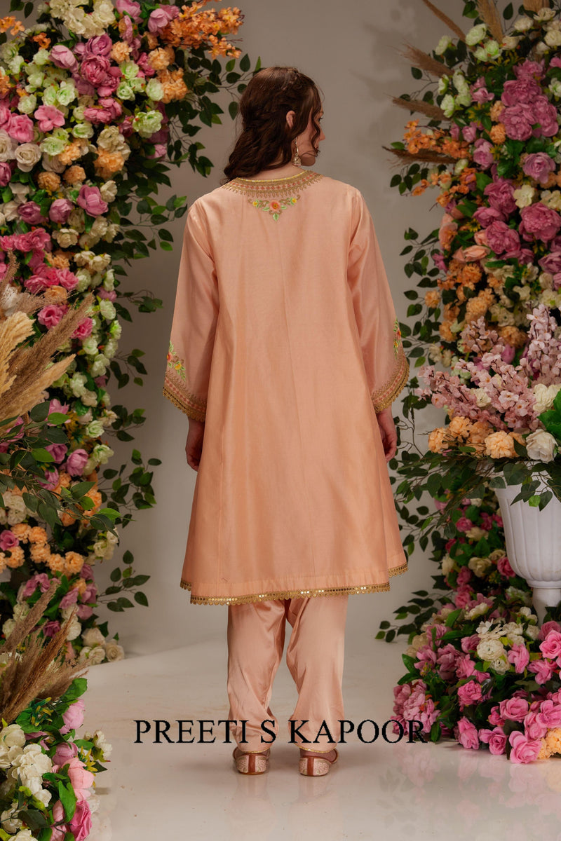 Light Peach Chanderi Kalidar Kurta set - Preeti s kapoor