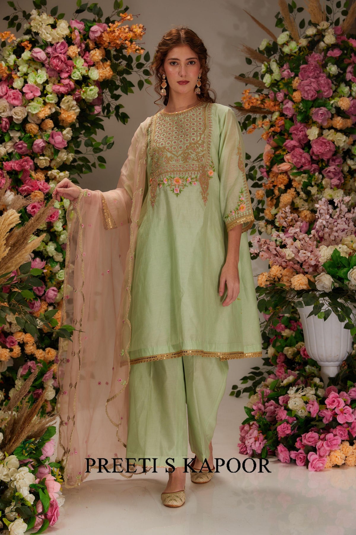 Pista Green Chanderi A-line Kurta set - Preeti s kapoor