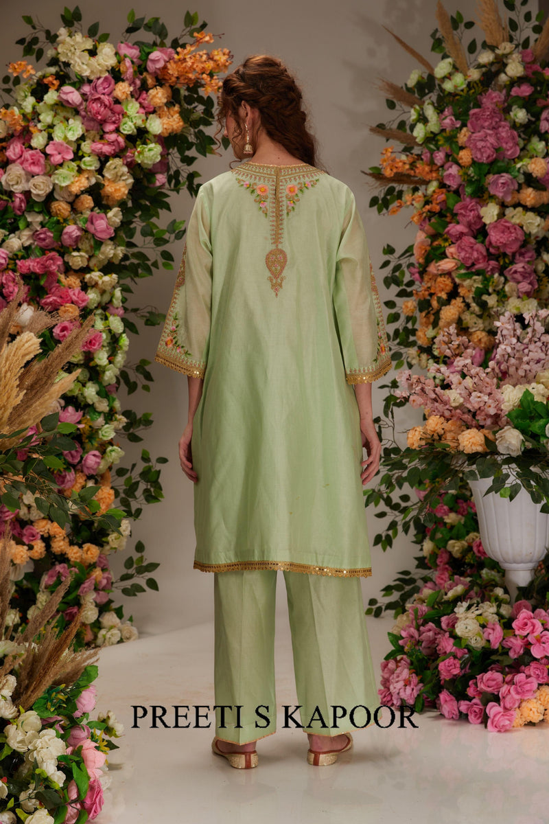 Pista Green Chanderi A-line Kurta set - Preeti s kapoor