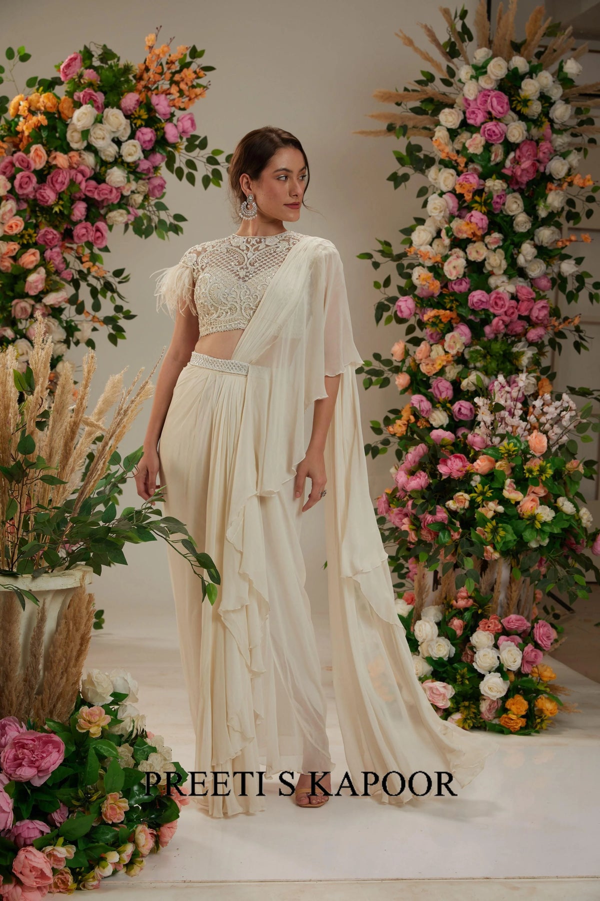 Cream Georgette Drape Saree - Preeti S Kapoor