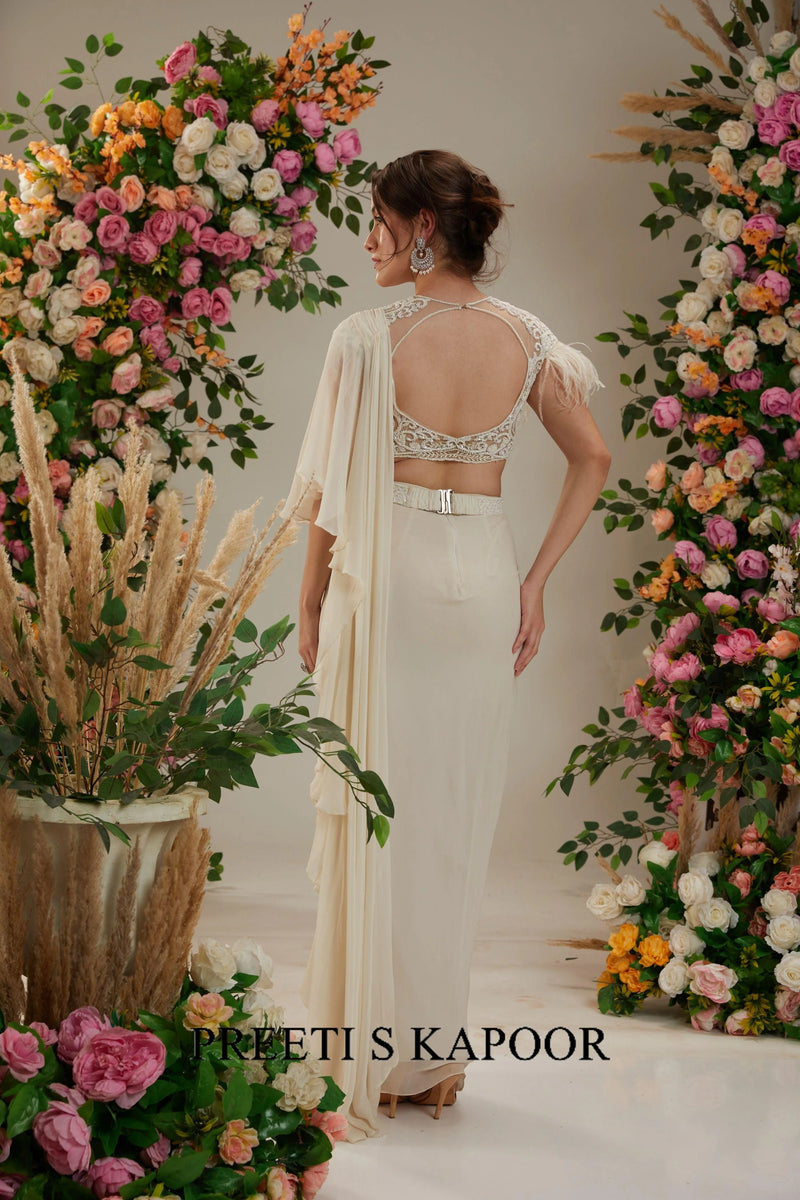 Cream Georgette Drape Saree - Preeti S Kapoor