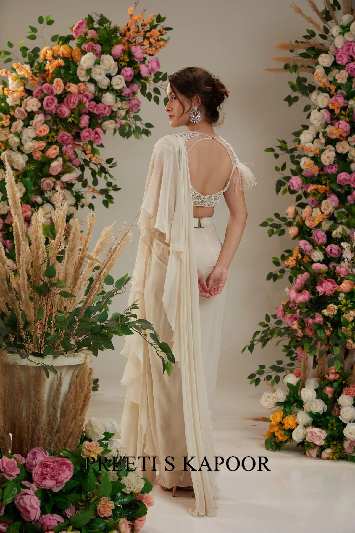 Cream Georgette Drape Saree - Preeti S Kapoor
