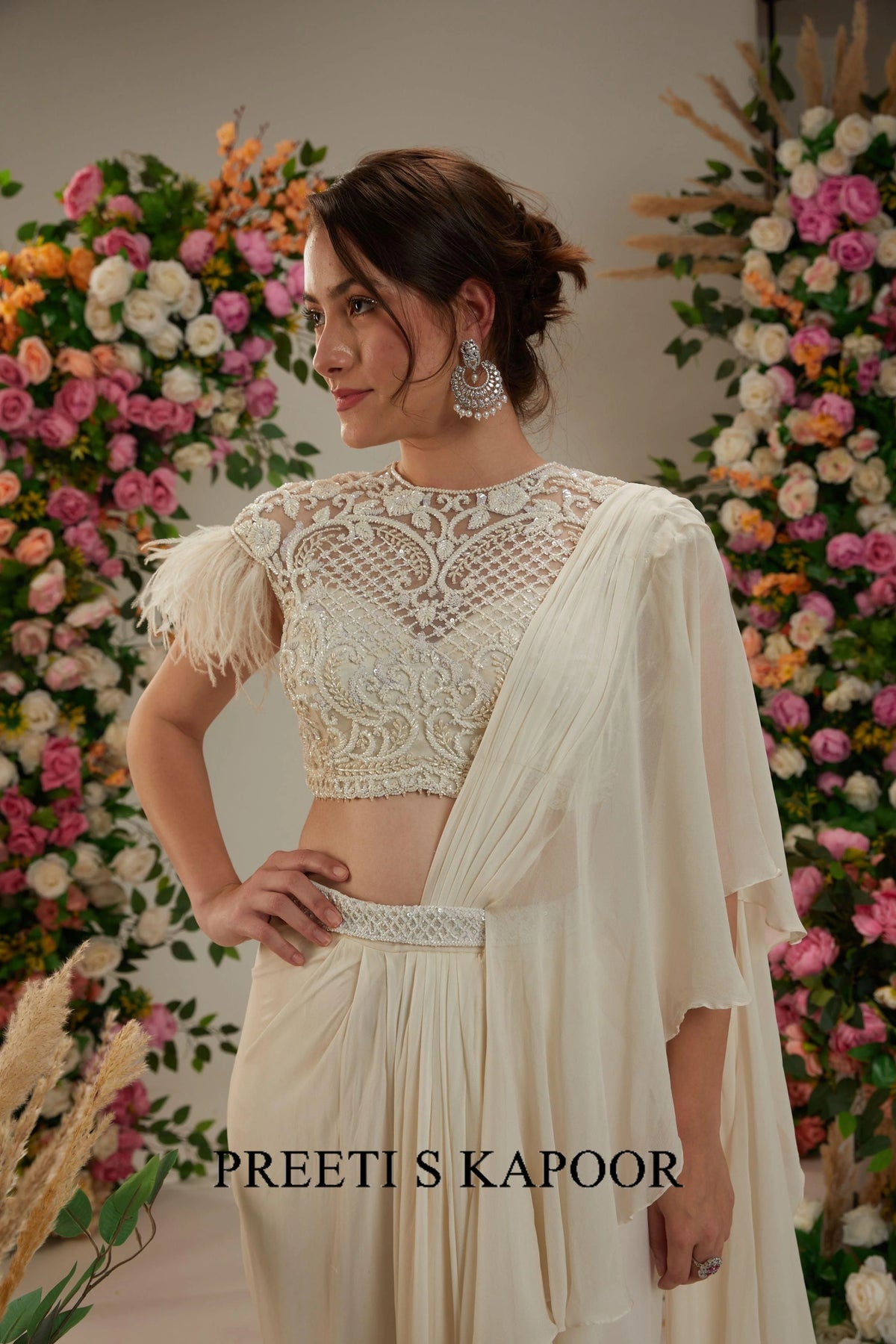Cream Georgette Drape Saree - Preeti S Kapoor