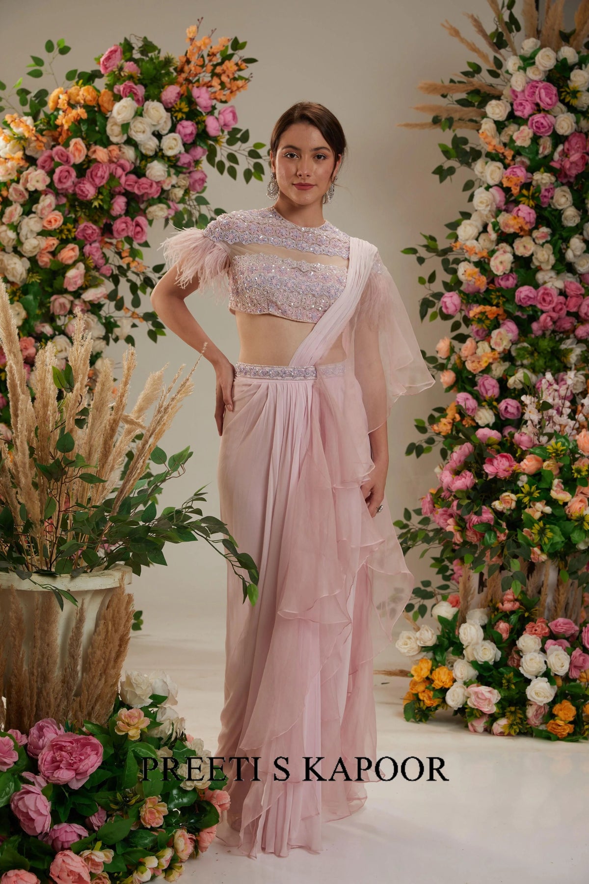 Pink Georgette Drape Saree - Preeti S Kapoor