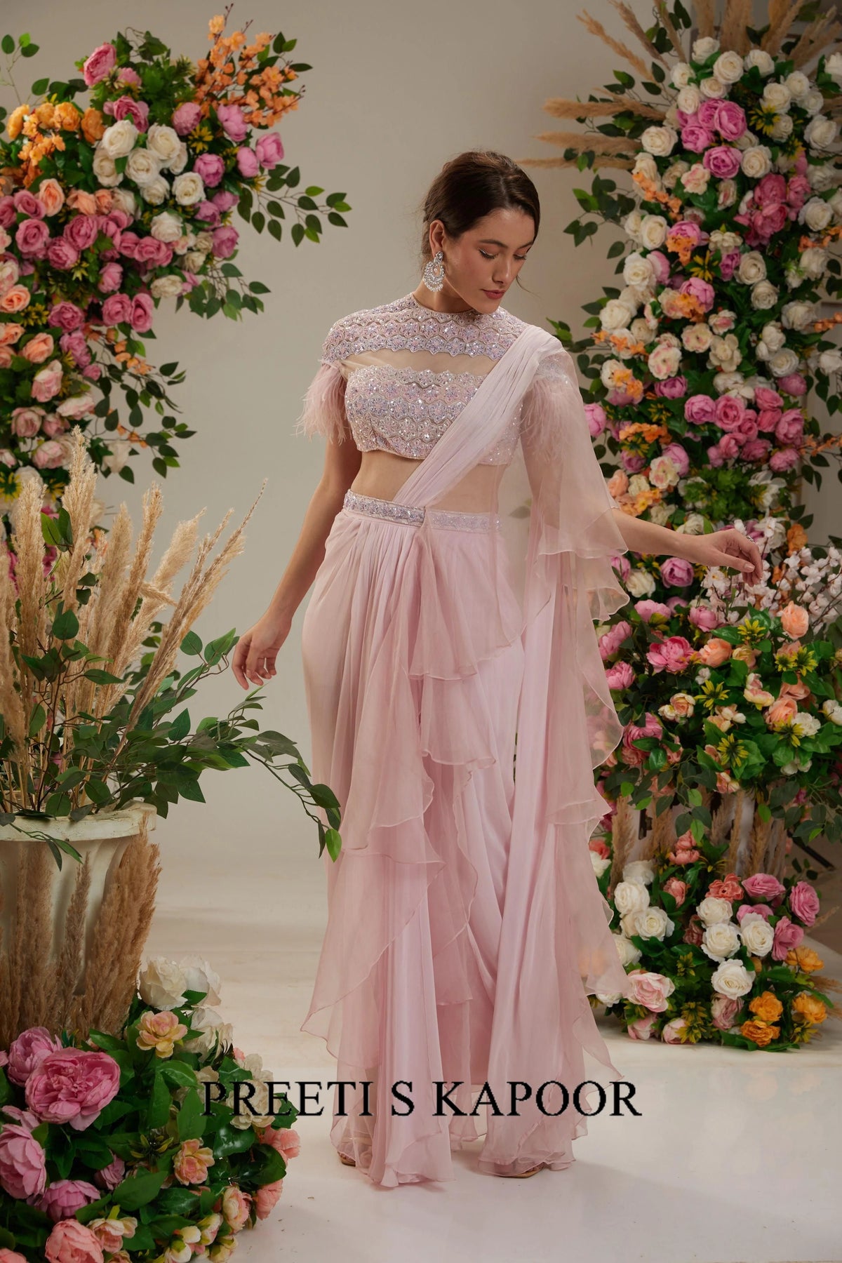 Pink Georgette Drape Saree - Preeti S Kapoor