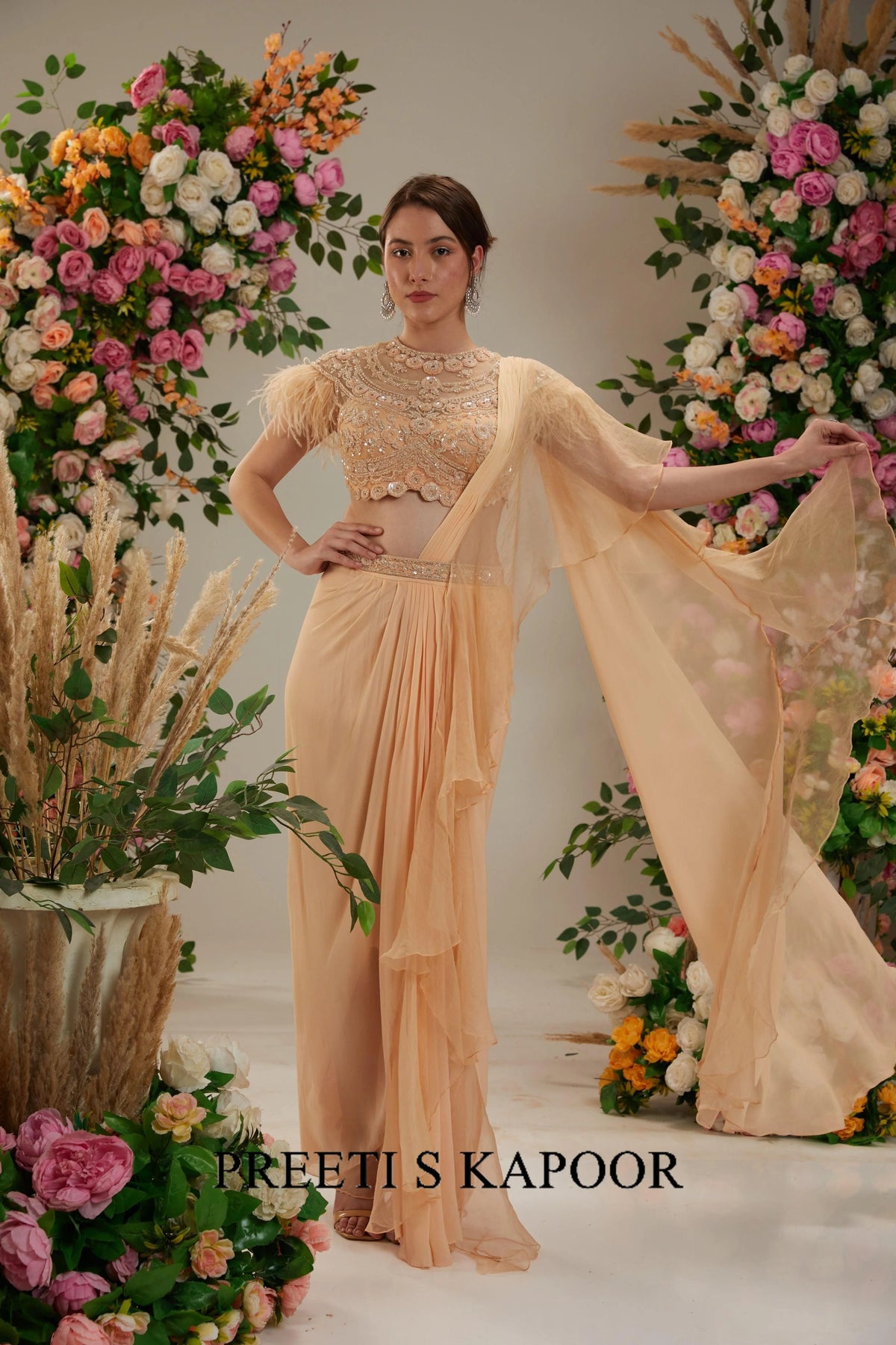 Peach Georgette Drape Saree - Preeti S Kapoor
