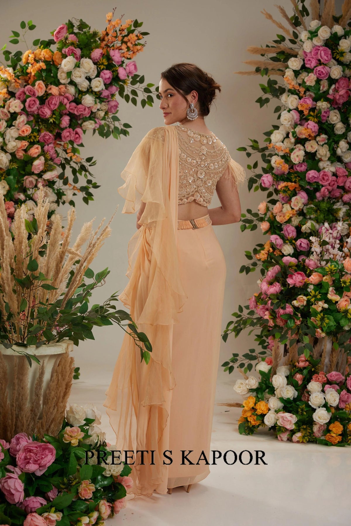 Peach Georgette Drape Saree - Preeti S Kapoor