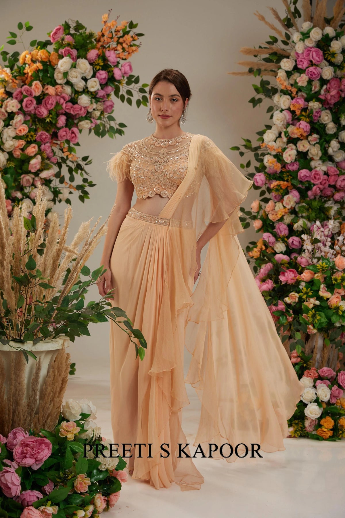 Peach Georgette Drape Saree - Preeti S Kapoor