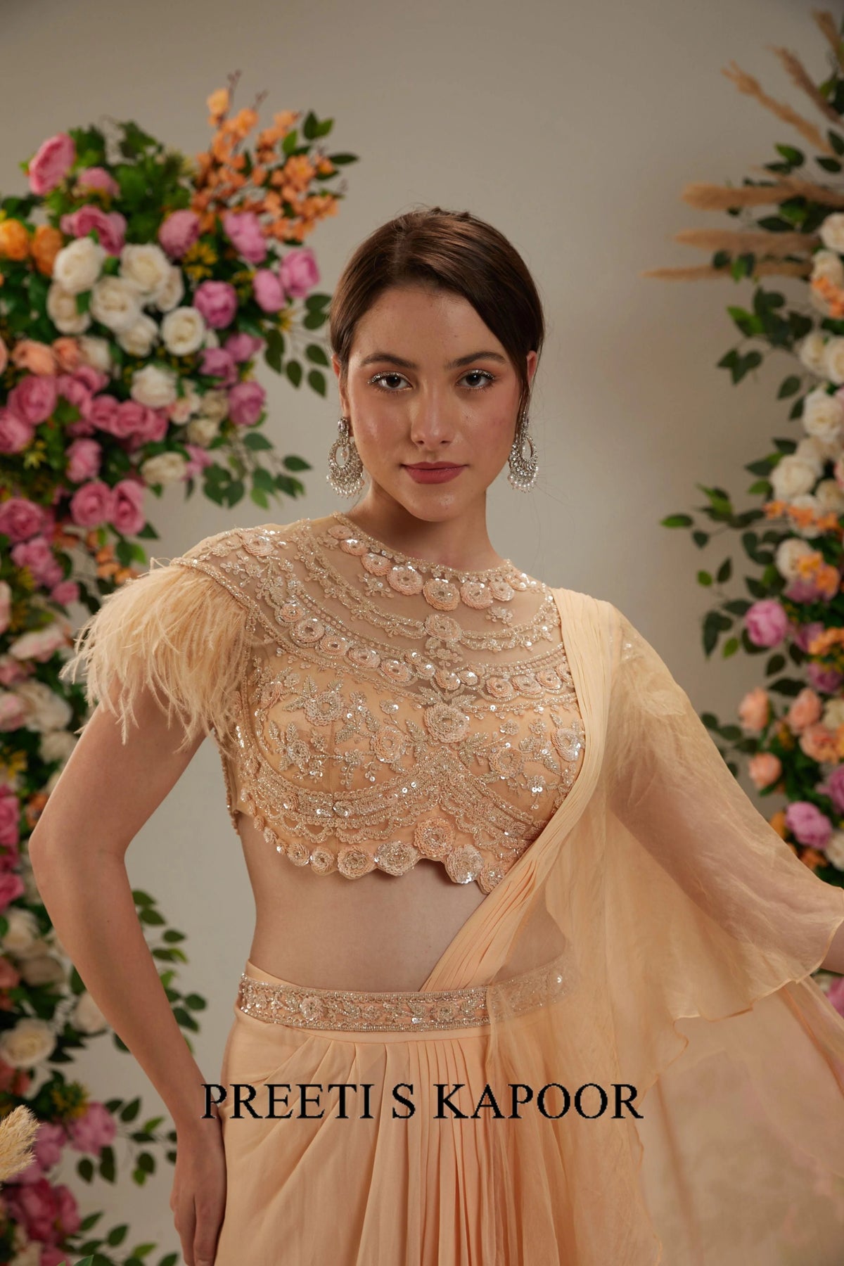 Peach Georgette Drape Saree - Preeti S Kapoor