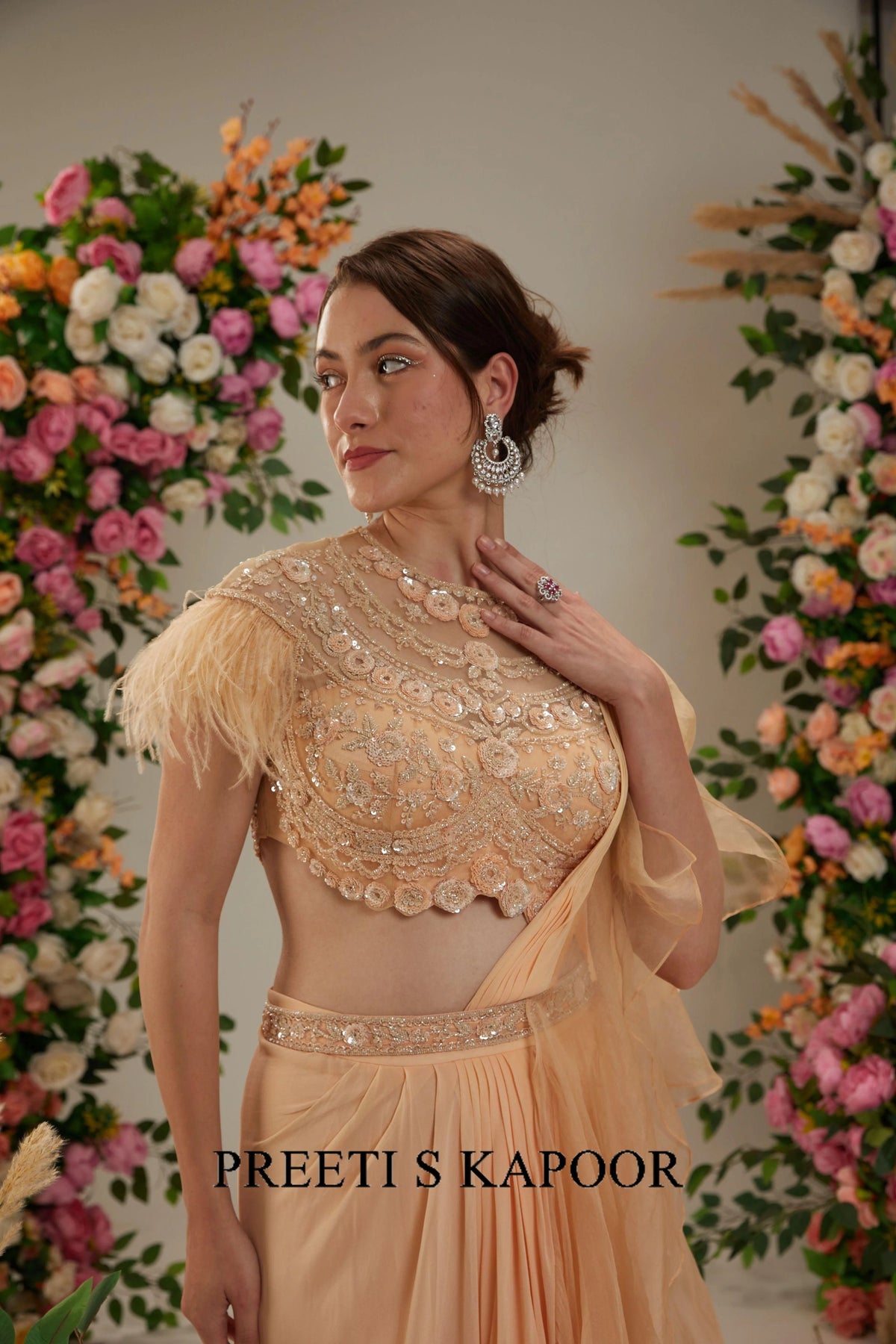 Peach Georgette Drape Saree - Preeti S Kapoor