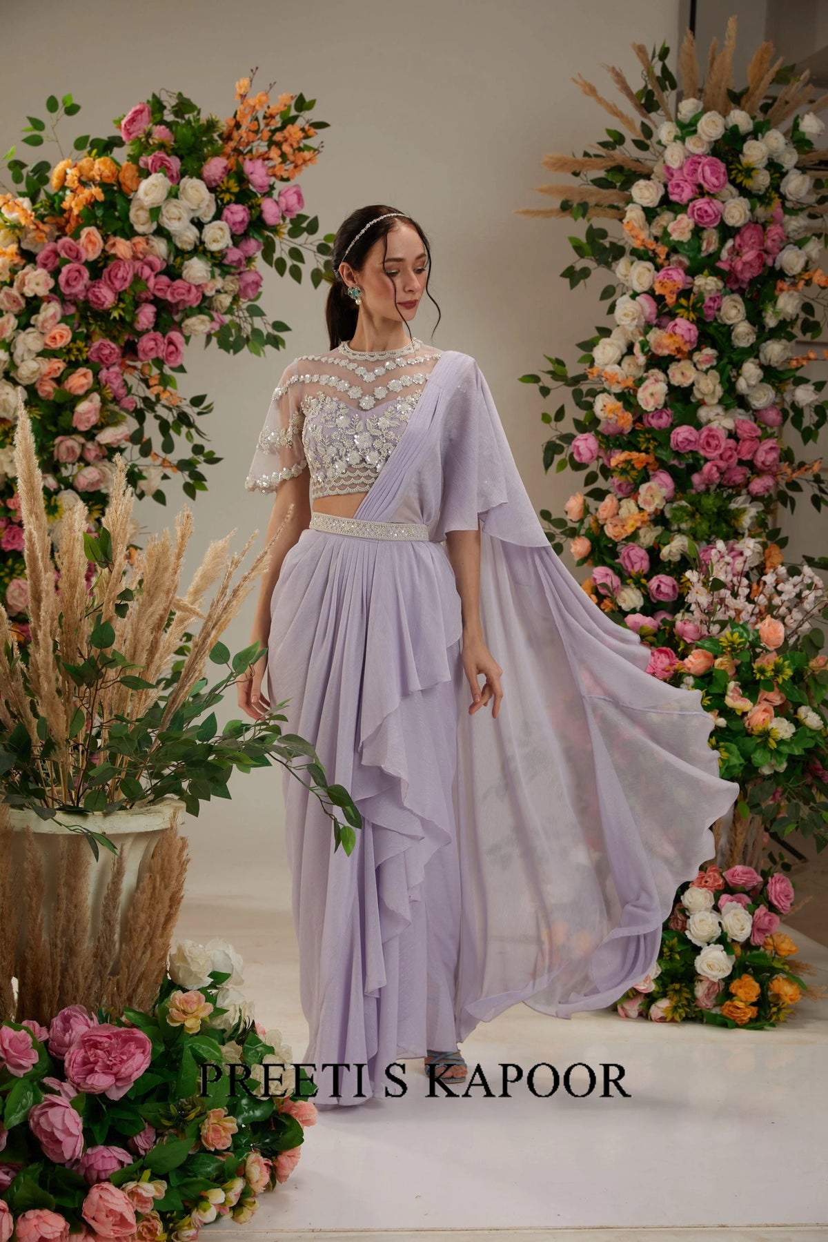 Mauve Georgette Drape Saree - Preeti S Kapoor