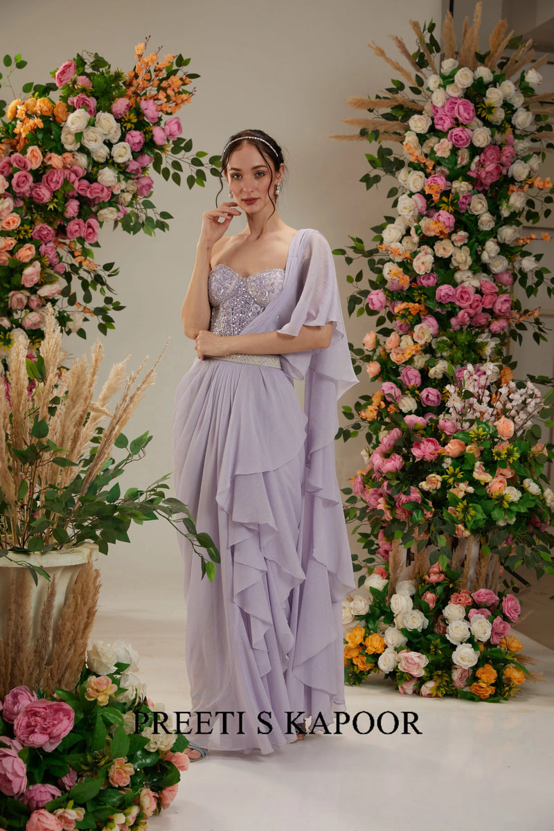 Mauve Georgette Drape Saree - Preeti S Kapoor