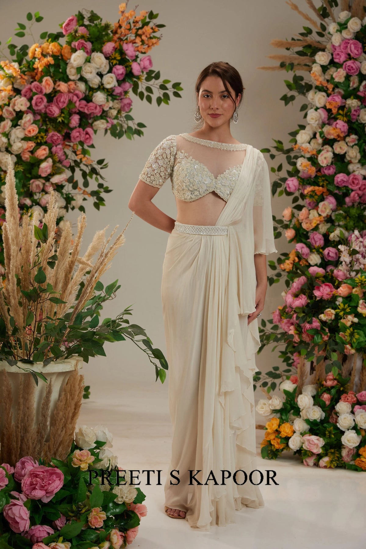 Cream Georgette Drape Saree - Preeti S Kapoor