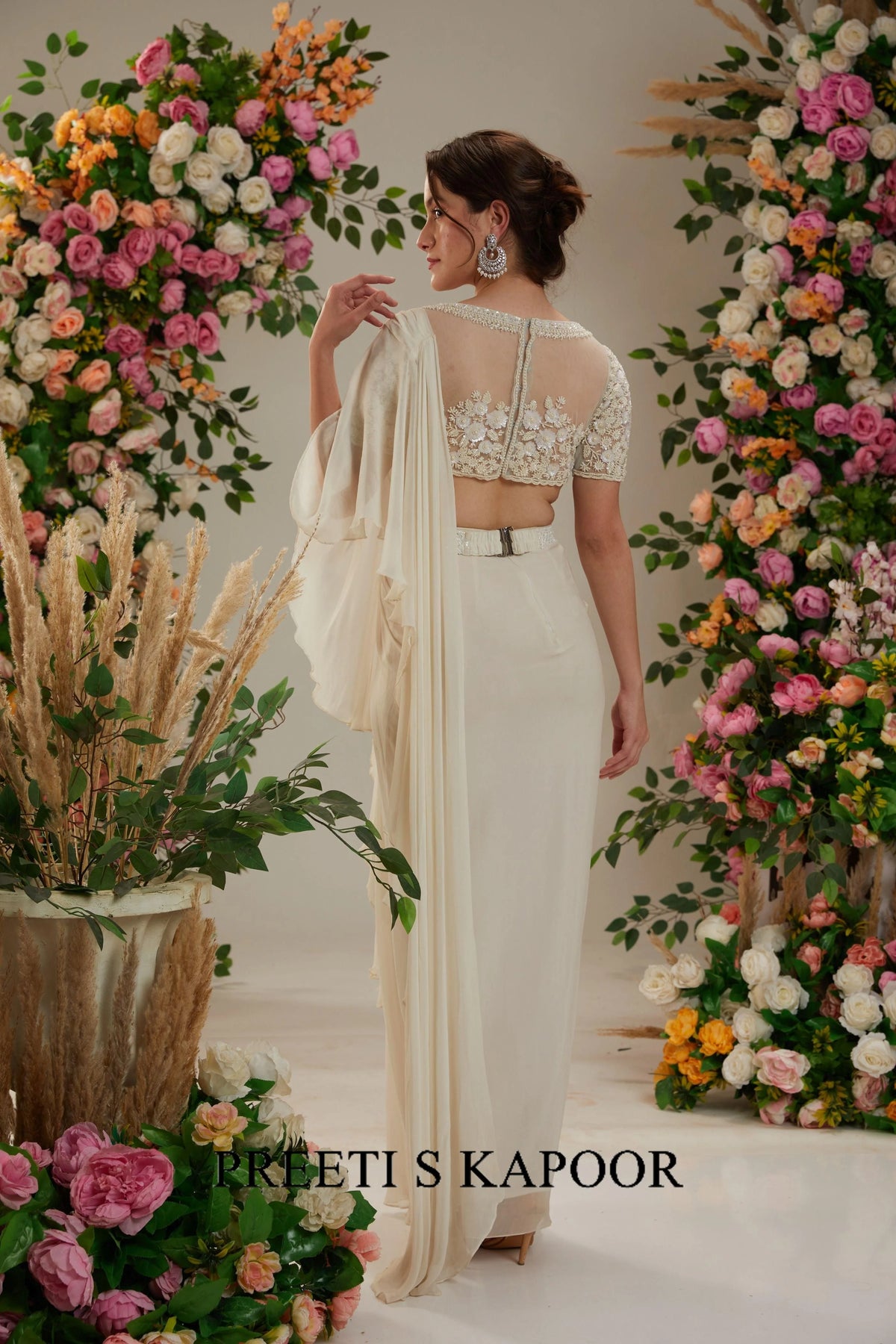 Cream Georgette Drape Saree - Preeti S Kapoor