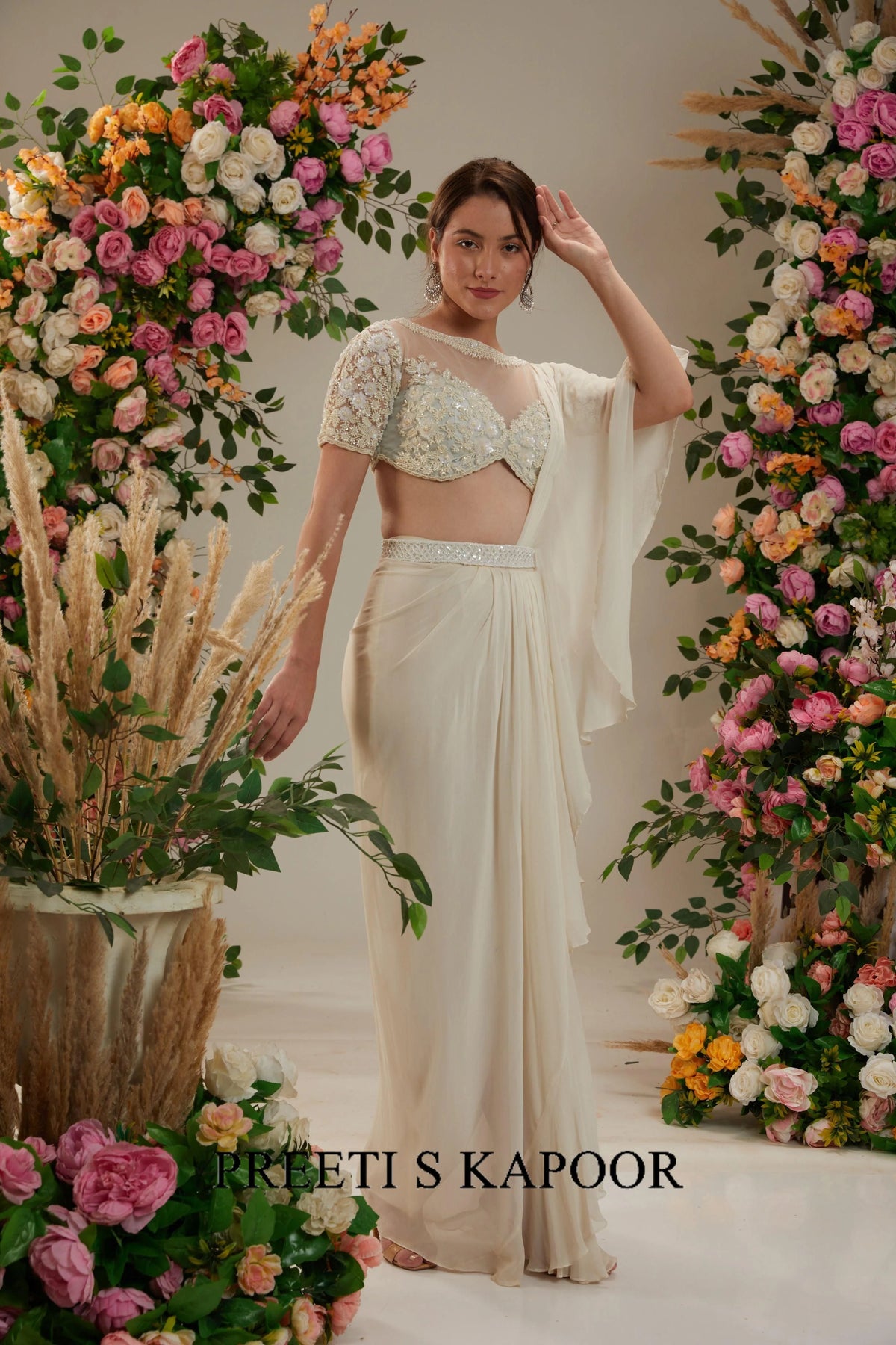 Cream Georgette Drape Saree - Preeti S Kapoor
