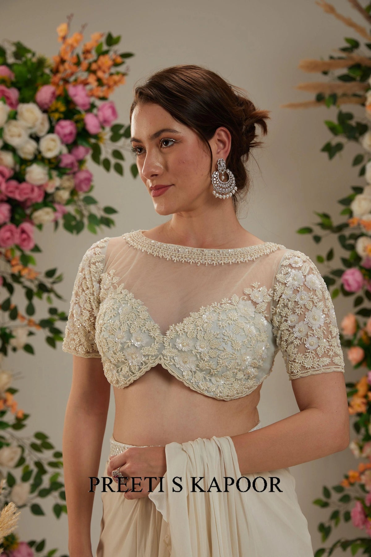 Cream Georgette Drape Saree - Preeti S Kapoor