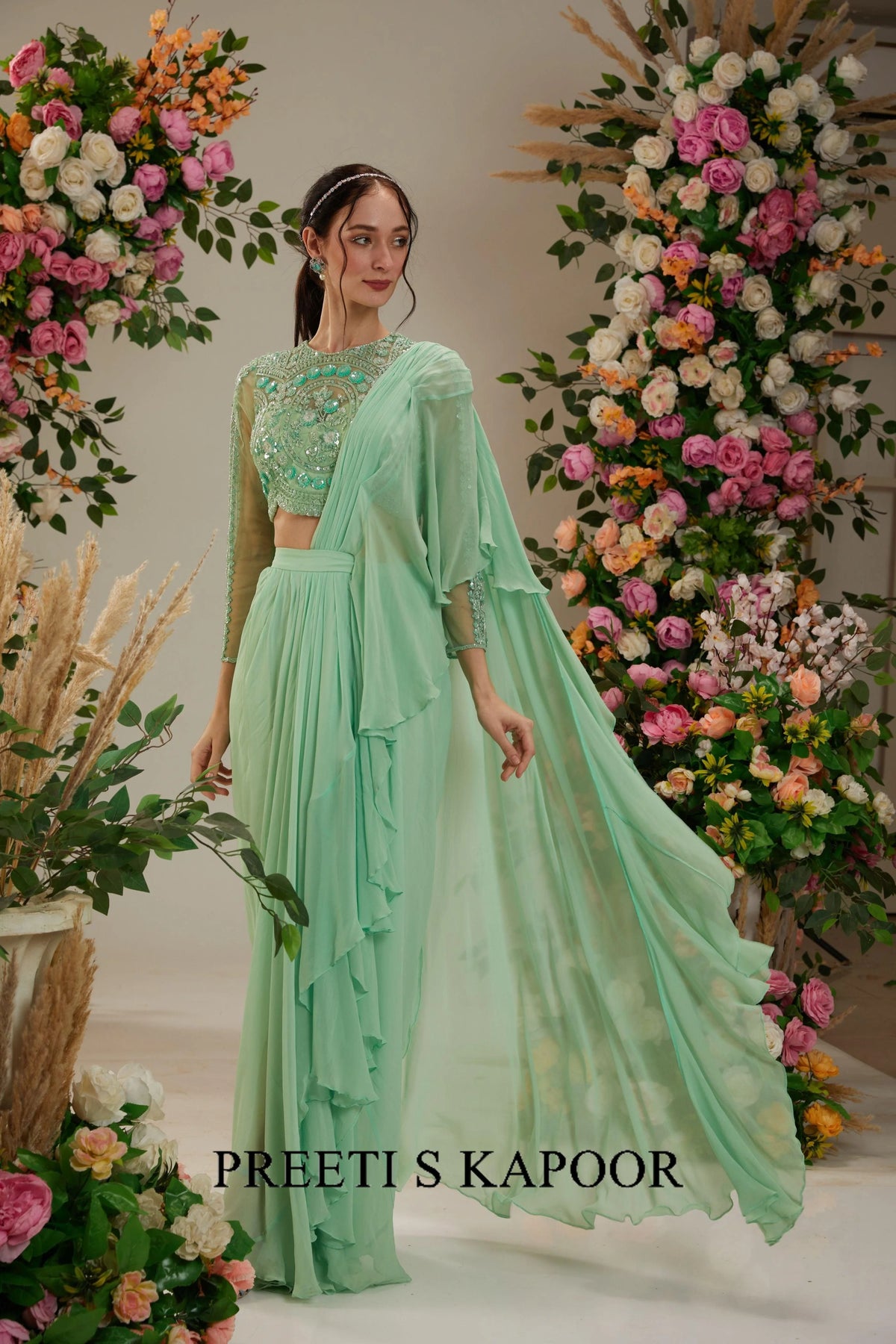 Green Georgette Drape Saree - Preeti S Kapoor