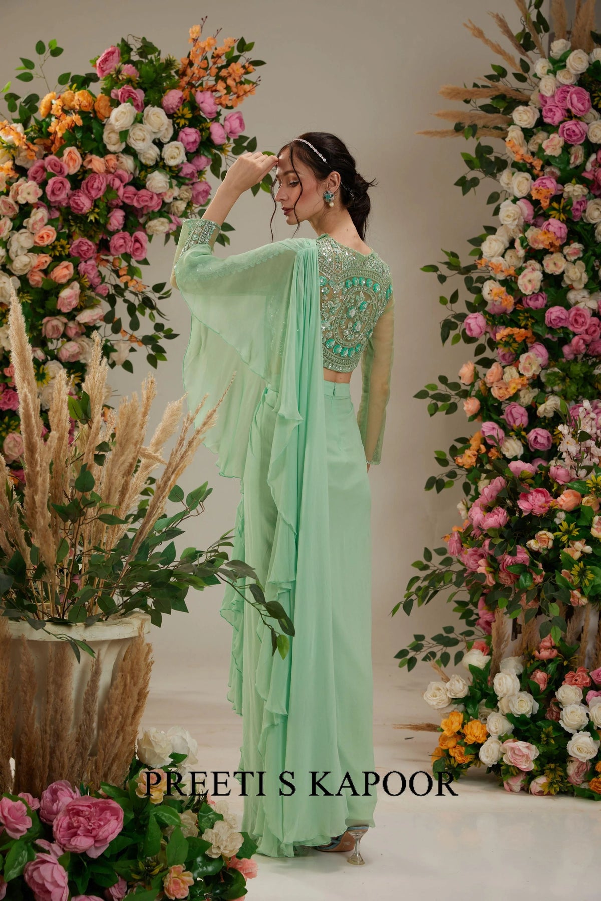 Green Georgette Drape Saree - Preeti S Kapoor