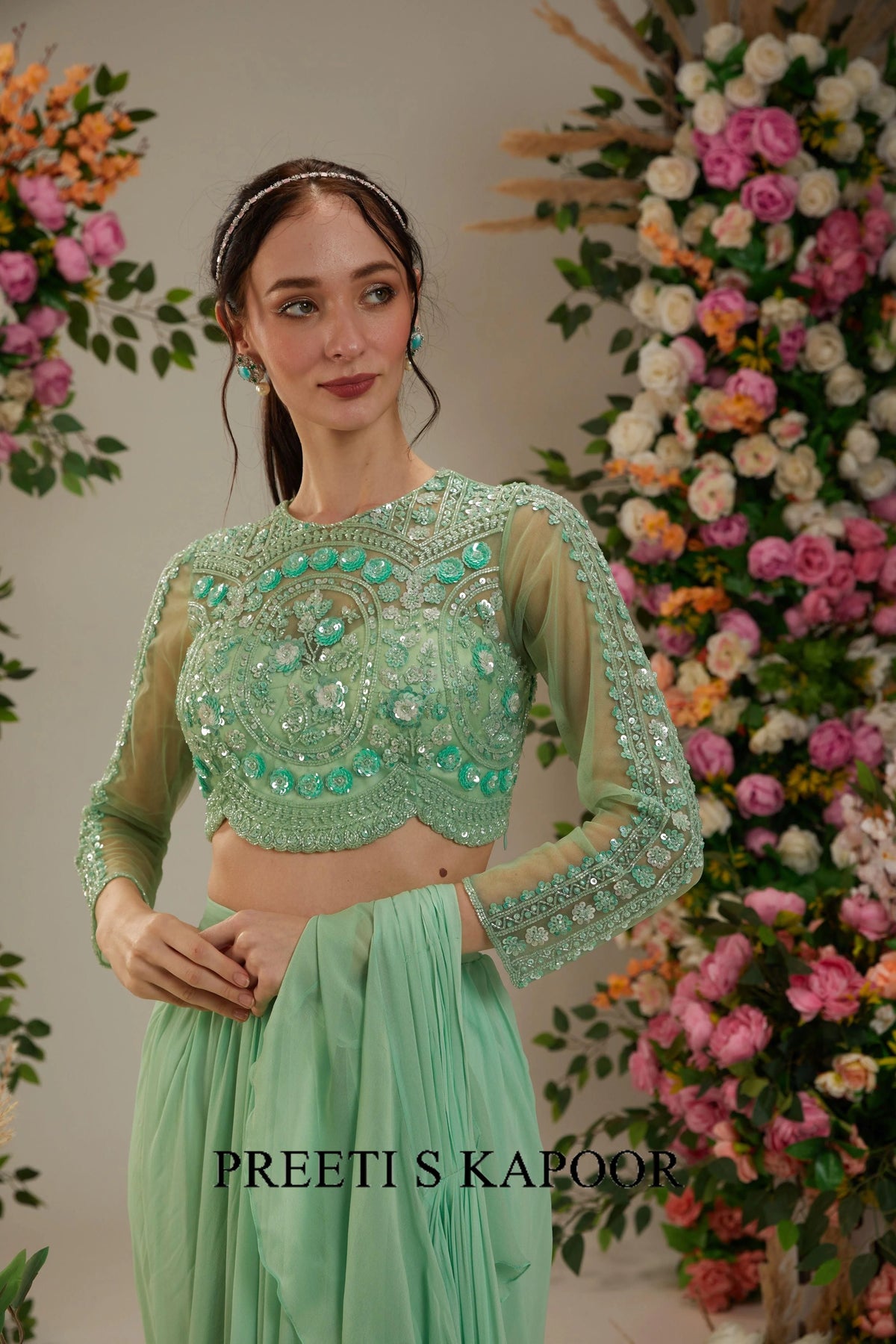 Green Georgette Drape Saree - Preeti S Kapoor