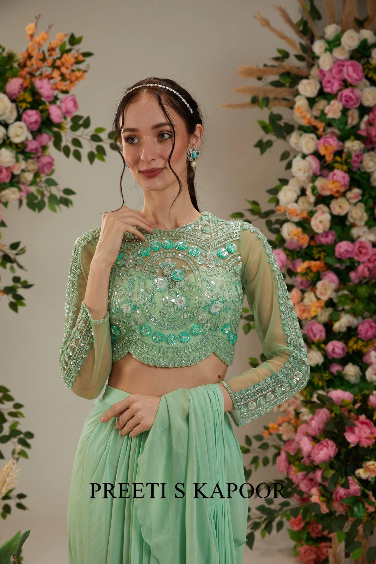 Green Georgette Drape Saree - Preeti S Kapoor