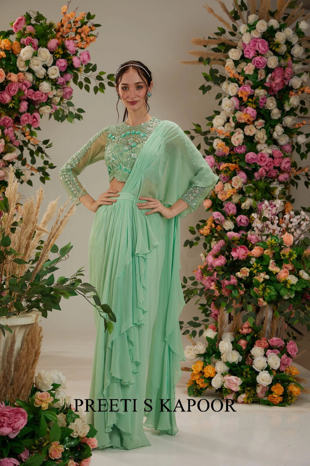 Green Georgette Drape Saree - Preeti S Kapoor