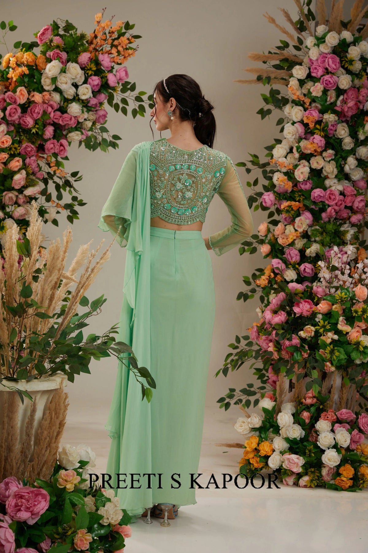 Green Georgette Drape Saree - Preeti S Kapoor