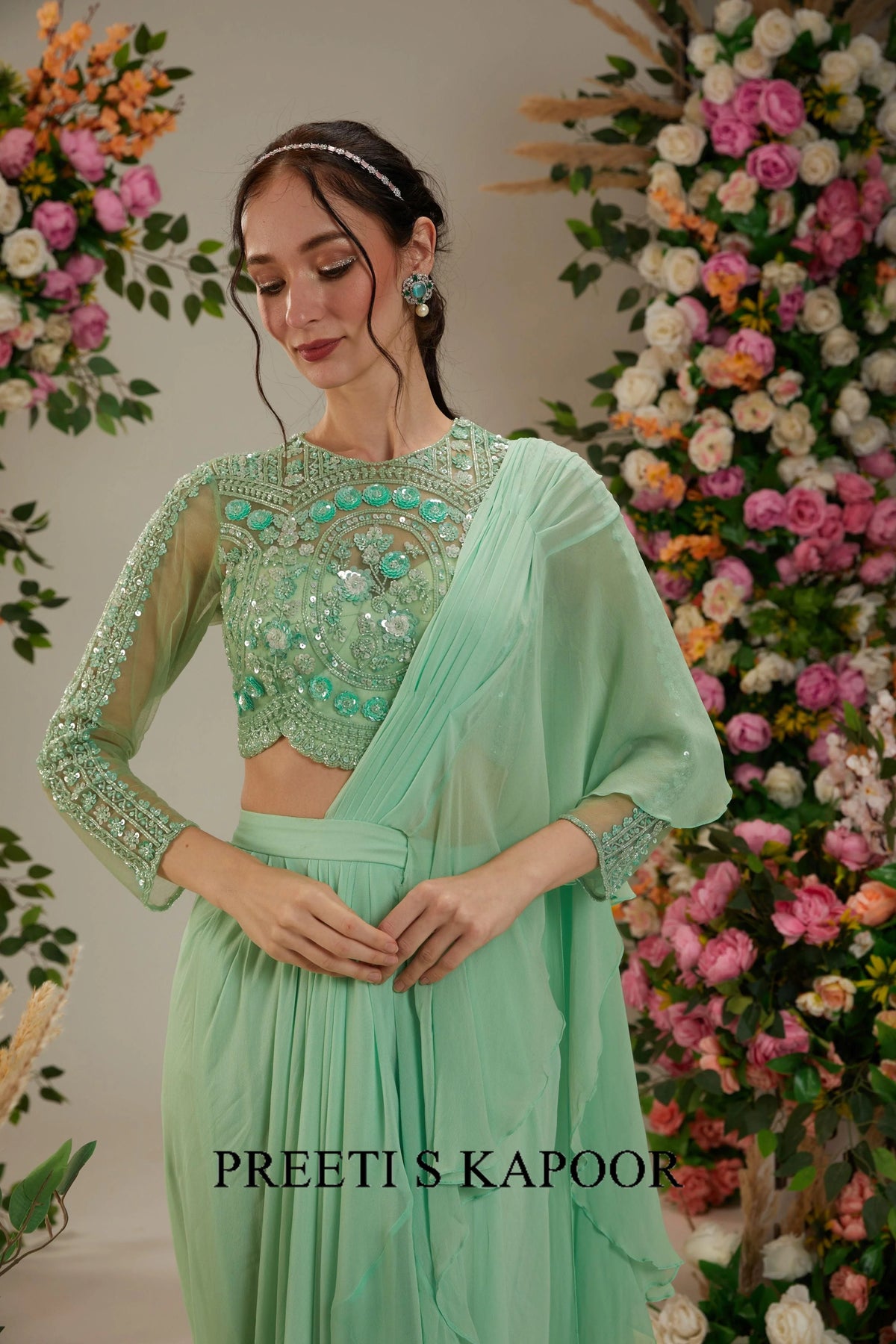 Green Georgette Drape Saree - Preeti S Kapoor