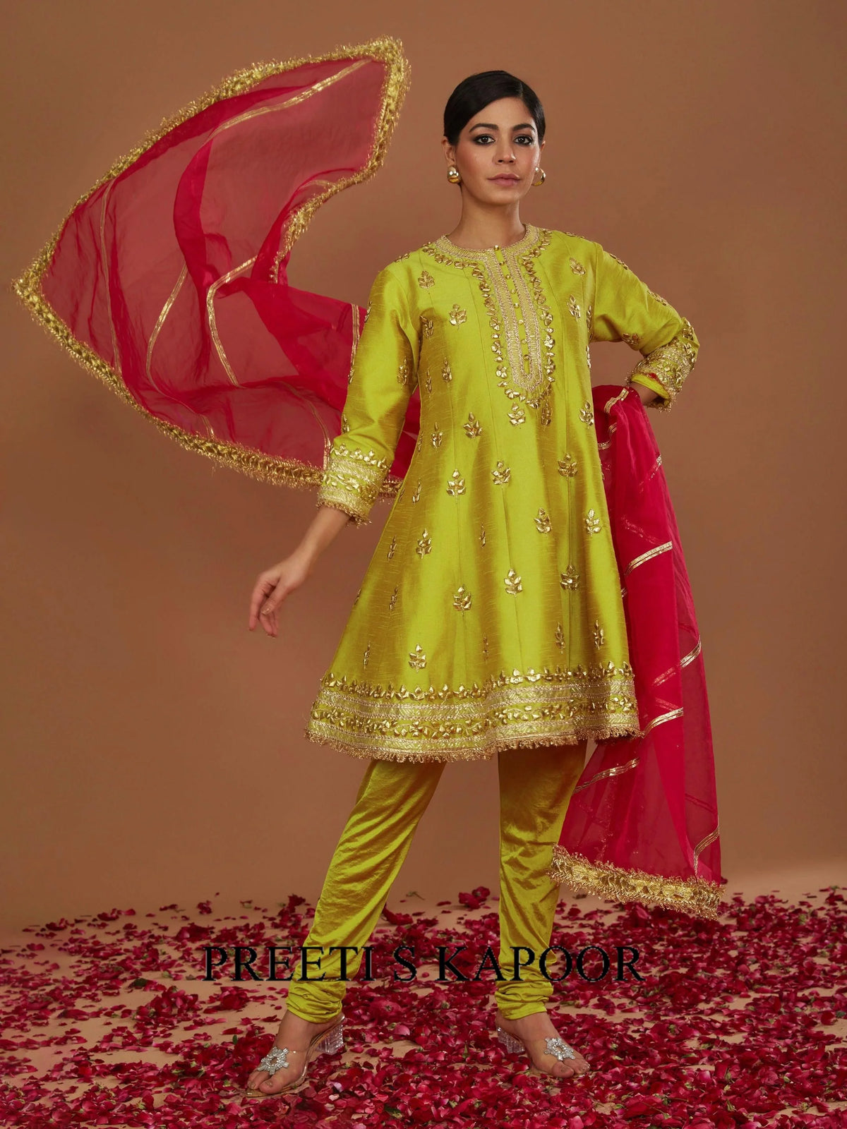 LIME YELLOW SHORT ANARKALI WITH CHURIDAR AND FUSCHIA DUPATTA - PREETI S KAPOOR