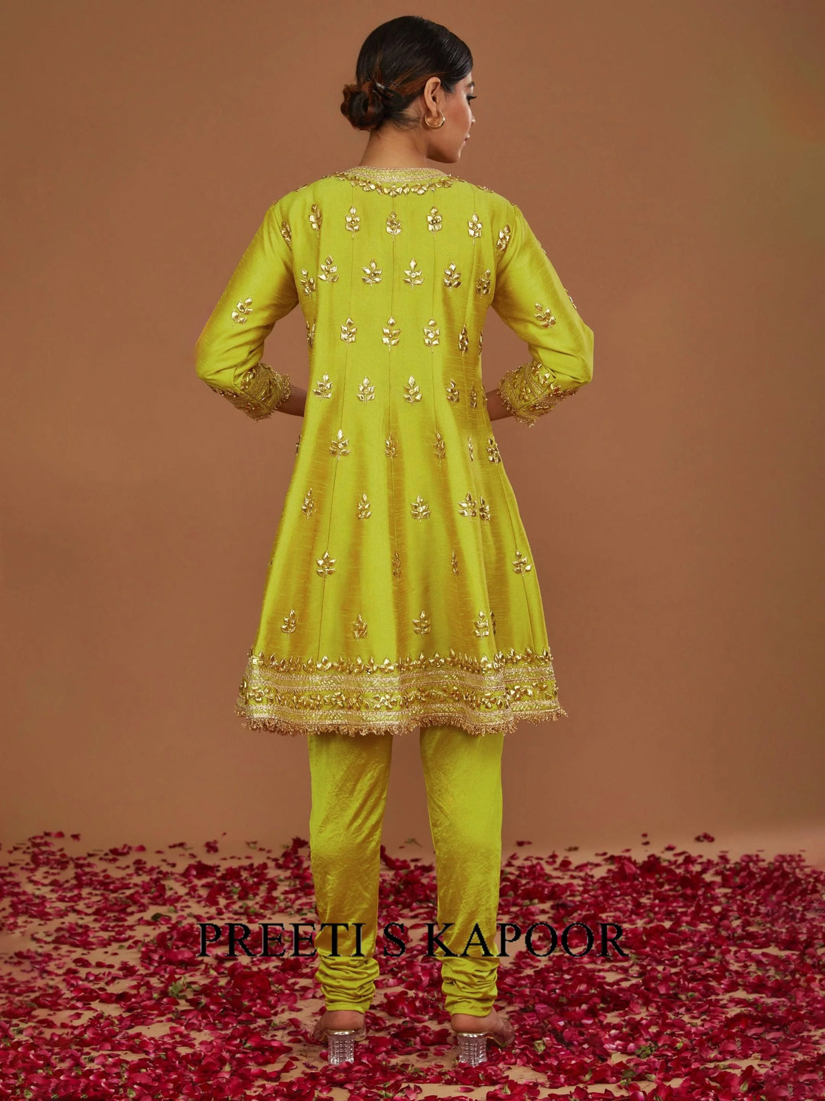 LIME YELLOW SHORT ANARKALI WITH CHURIDAR AND FUSCHIA DUPATTA - PREETI S KAPOOR