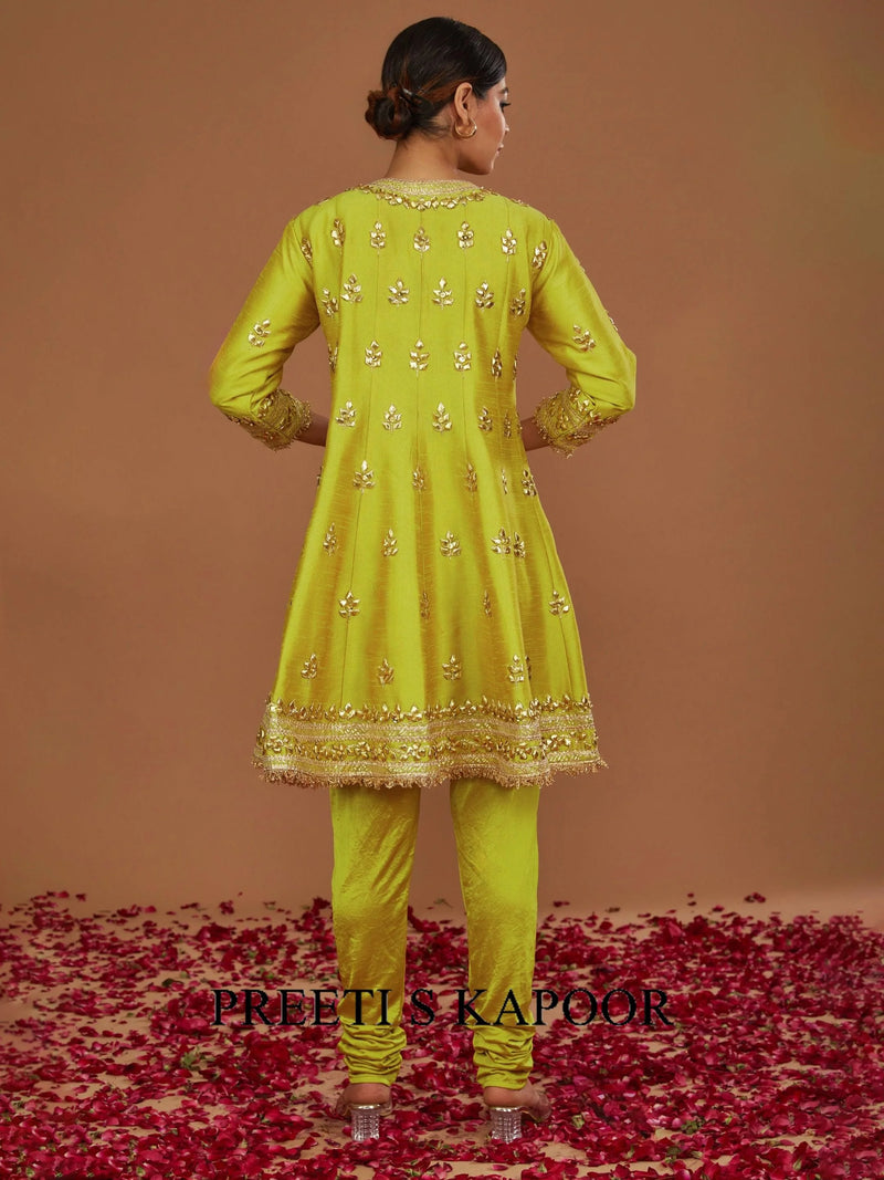 LIME YELLOW SHORT ANARKALI WITH CHURIDAR AND FUSCHIA DUPATTA - PREETI S KAPOOR