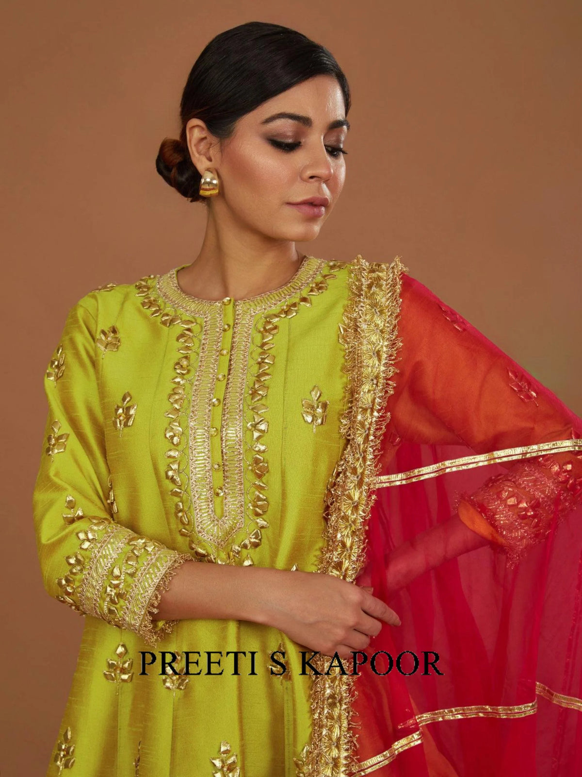 LIME YELLOW SHORT ANARKALI WITH CHURIDAR AND FUSCHIA DUPATTA - PREETI S KAPOOR