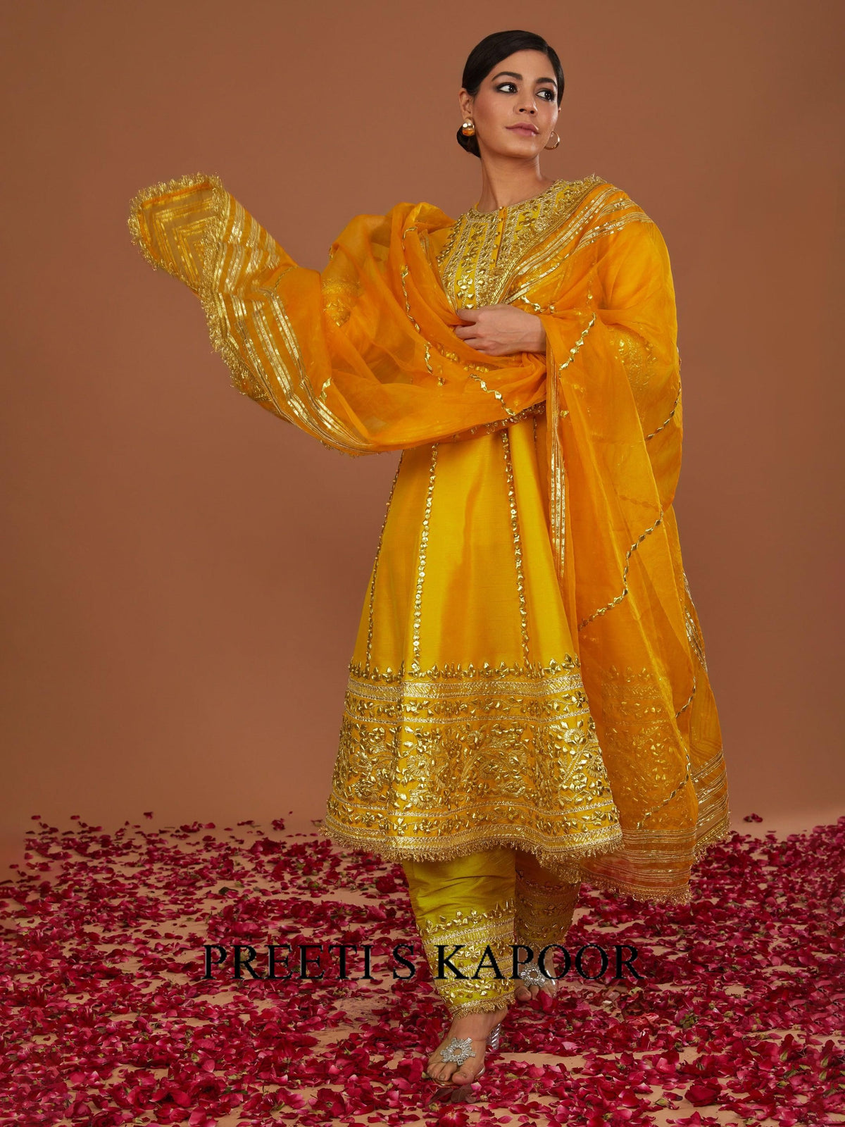 YELLOW LIME LONG ANARKALI WITH SALWAR AND PEACH DUPATTA