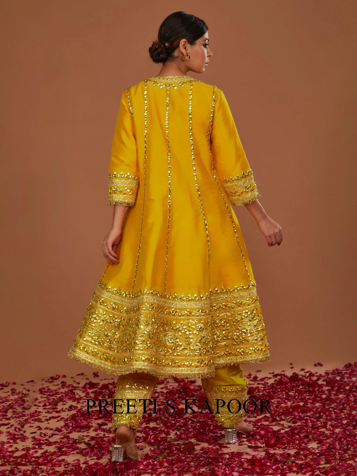 YELLOW LIME LONG ANARKALI WITH SALWAR AND PEACH DUPATTA - PREETI S KAPOOR