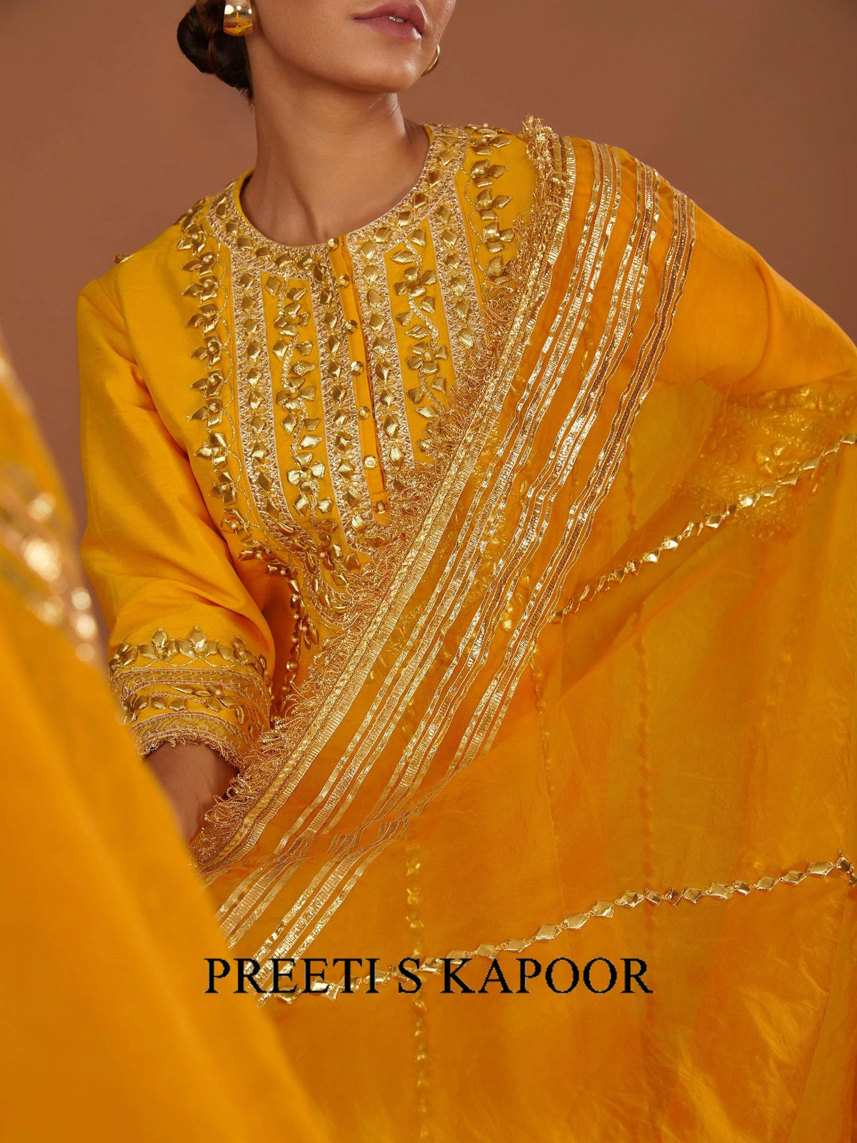 YELLOW LIME LONG ANARKALI WITH SALWAR AND PEACH DUPATTA - PREETI S KAPOOR