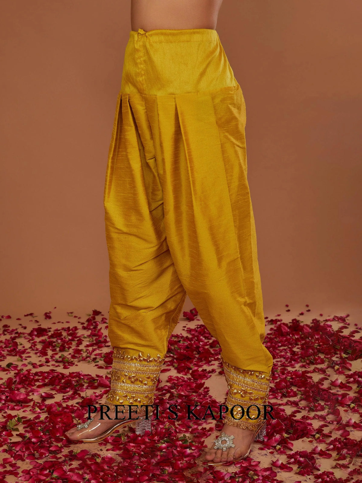 YELLOW LIME LONG ANARKALI WITH SALWAR AND PEACH DUPATTA - PREETI S KAPOOR