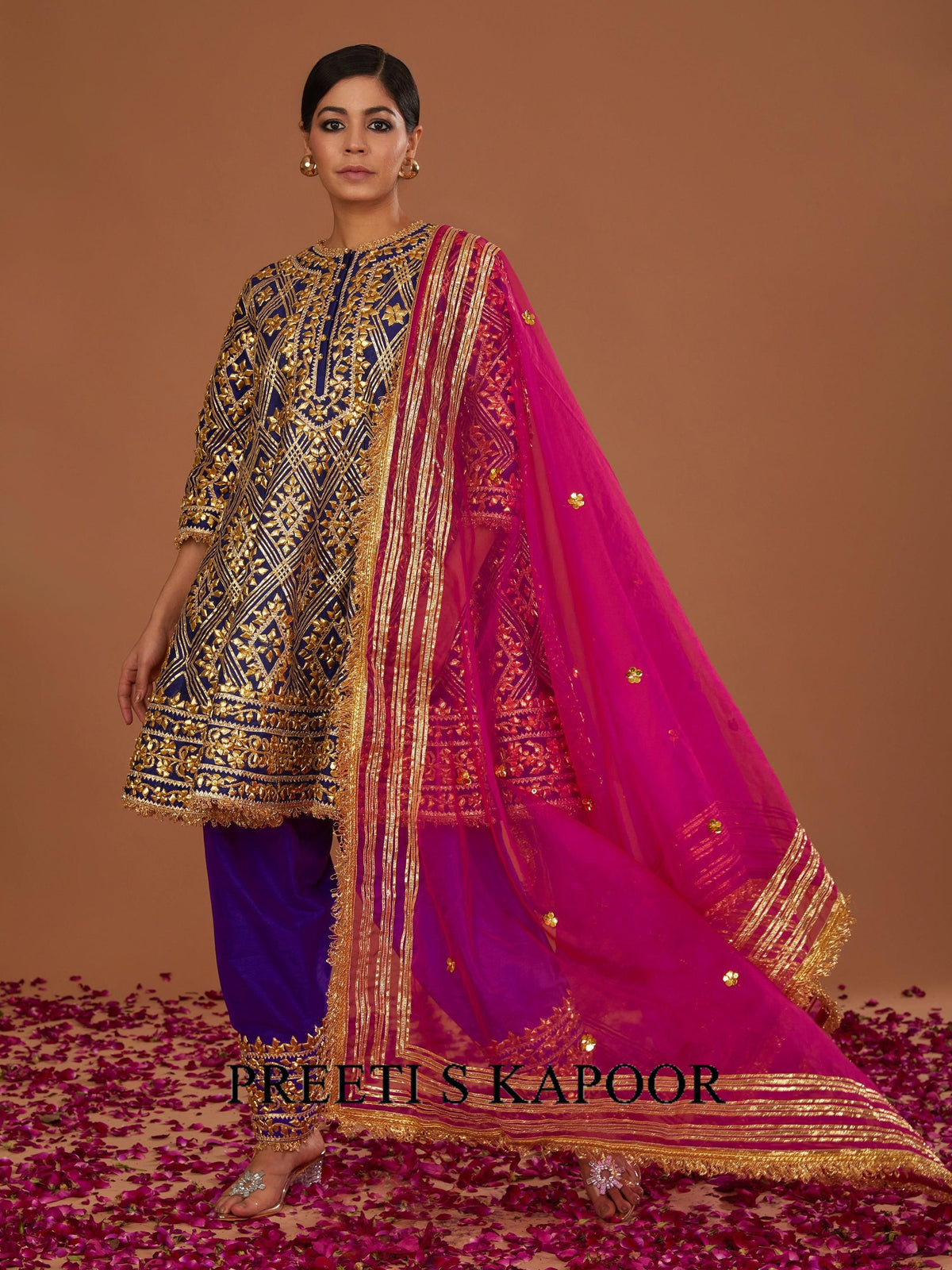 MIDNIGHT BLUE SHORT ANARKALI WITH PURPLE SALWAR AND FUSCHIA DUPATTA