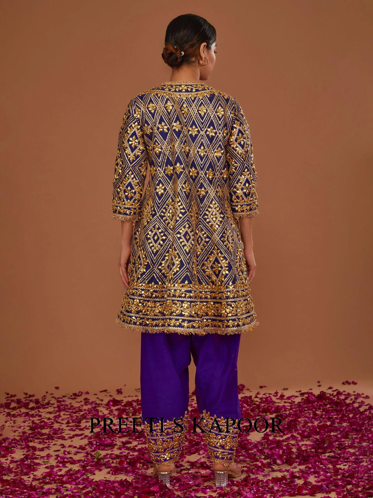 MIDNIGHT BLUE SHORT ANARKALI WITH PURPLE SALWAR AND FUSCHIA DUPATTA - PREETI S KAPOOR