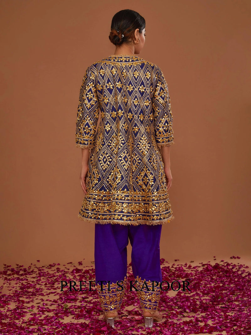MIDNIGHT BLUE SHORT ANARKALI WITH PURPLE SALWAR AND FUSCHIA DUPATTA - PREETI S KAPOOR