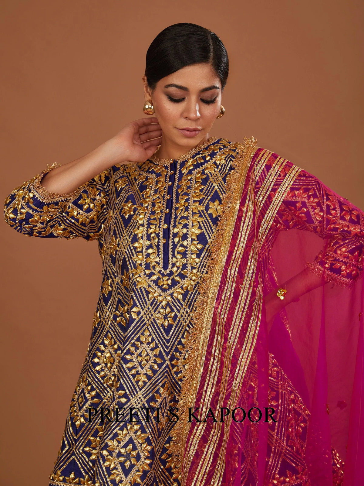 MIDNIGHT BLUE SHORT ANARKALI WITH PURPLE SALWAR AND FUSCHIA DUPATTA - PREETI S KAPOOR