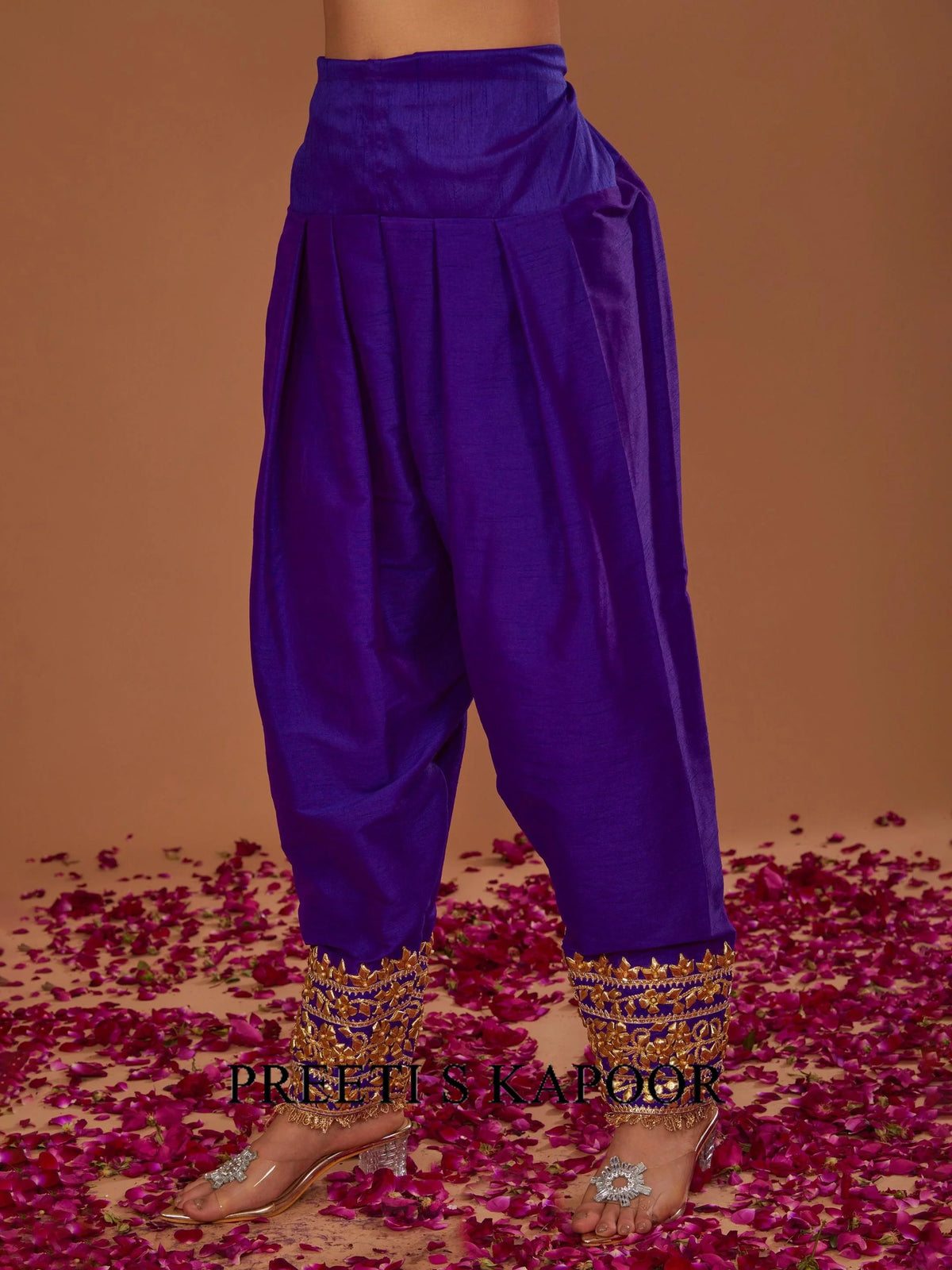 MIDNIGHT BLUE SHORT ANARKALI WITH PURPLE SALWAR AND FUSCHIA DUPATTA - PREETI S KAPOOR