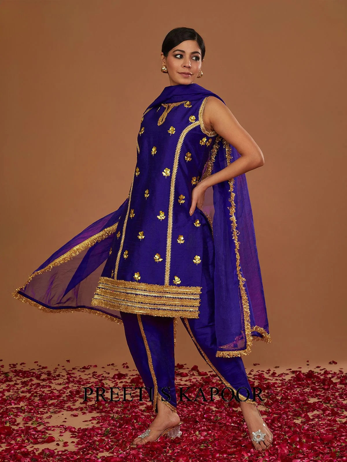 MIDNIGHT BLUE HALTER KURTA WITH OVERLAPPED PANT AND DUPATTA - PREETI S KAPOOR
