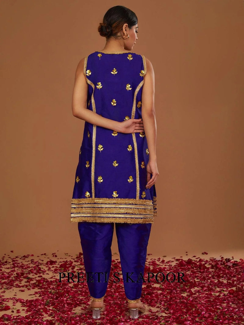 MIDNIGHT BLUE HALTER KURTA WITH OVERLAPPED PANT AND DUPATTA - PREETI S KAPOOR