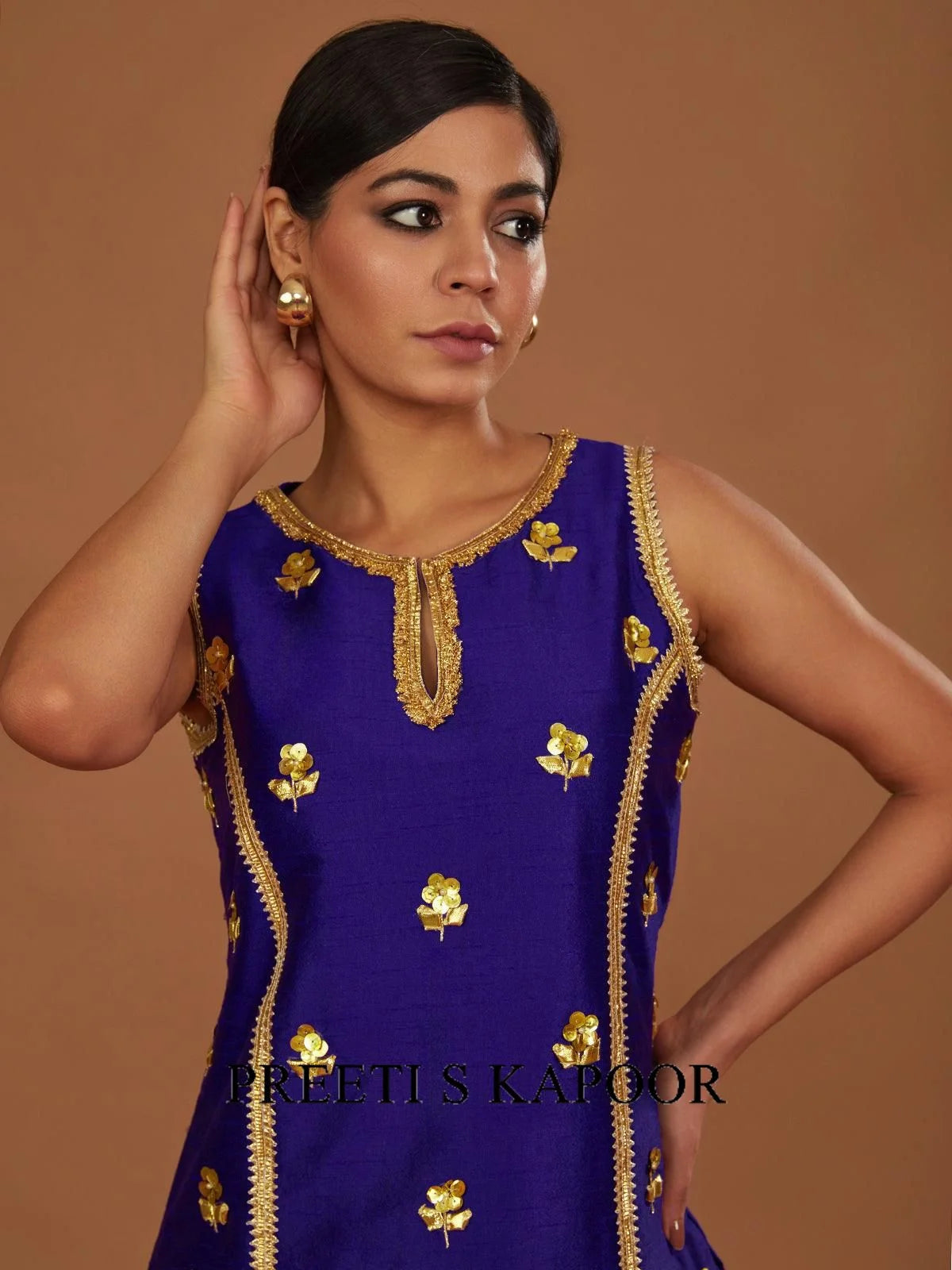 MIDNIGHT BLUE HALTER KURTA WITH OVERLAPPED PANT AND DUPATTA - PREETI S KAPOOR