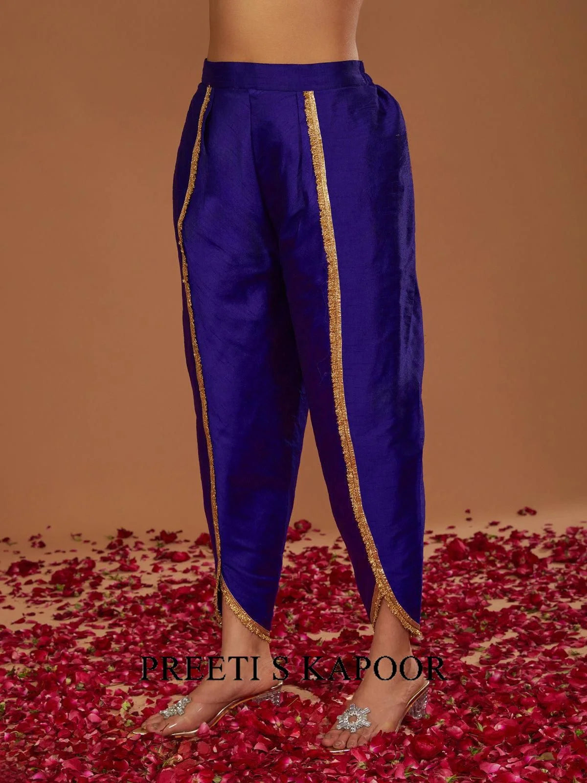 MIDNIGHT BLUE HALTER KURTA WITH OVERLAPPED PANT AND DUPATTA - PREETI S KAPOOR