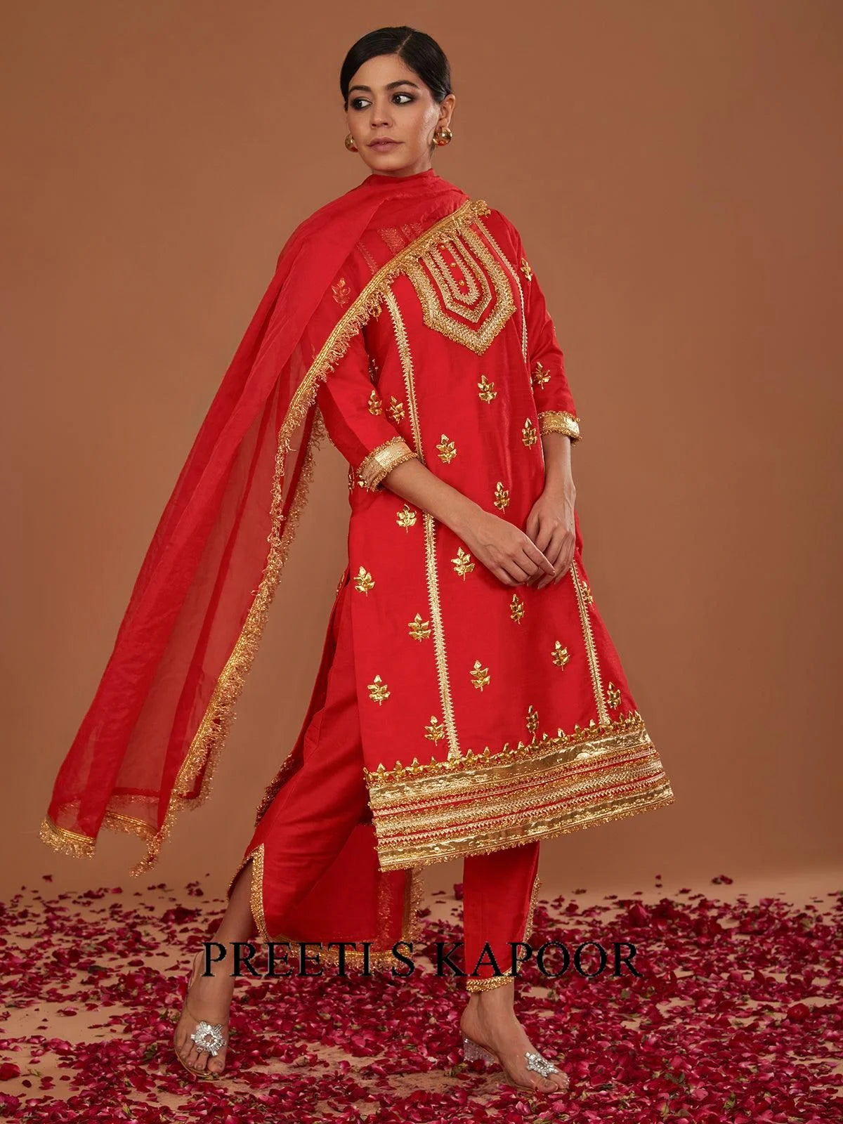 RED LONG KURTA WITH TAPERED SIDE CUT PANT AND DUPATTA - PREETI S KAPOOR
