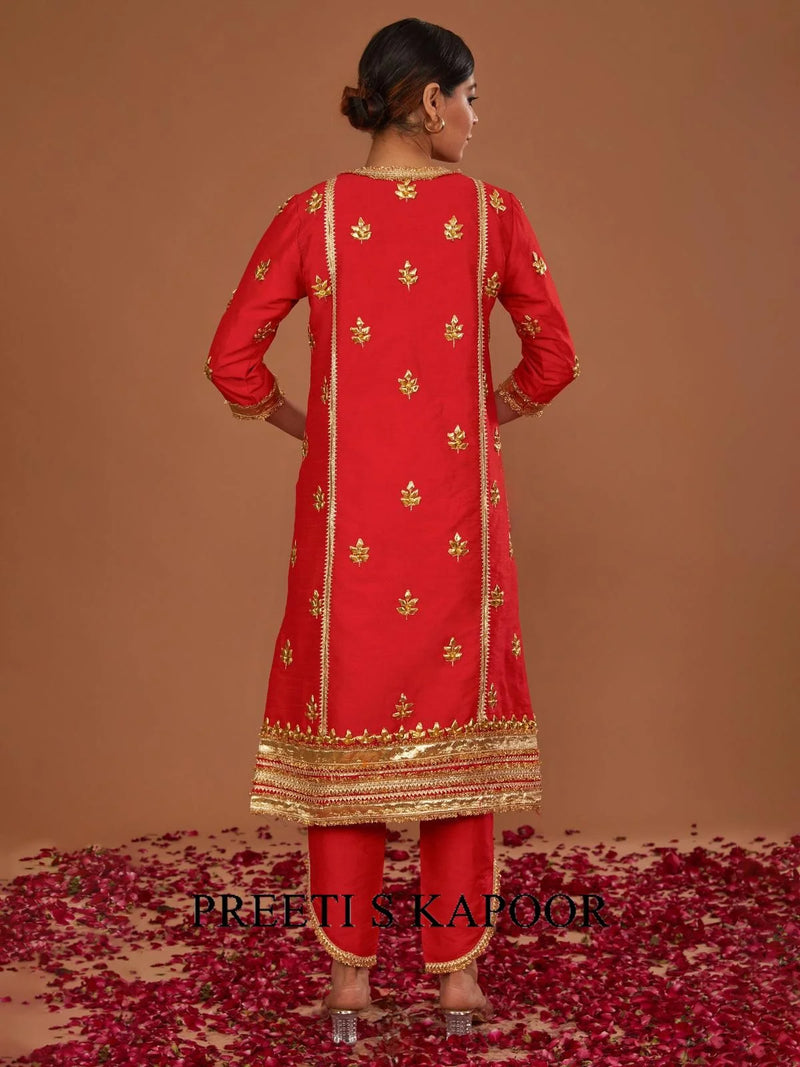 RED LONG KURTA WITH TAPERED SIDE CUT PANT AND DUPATTA - PREETI S KAPOOR