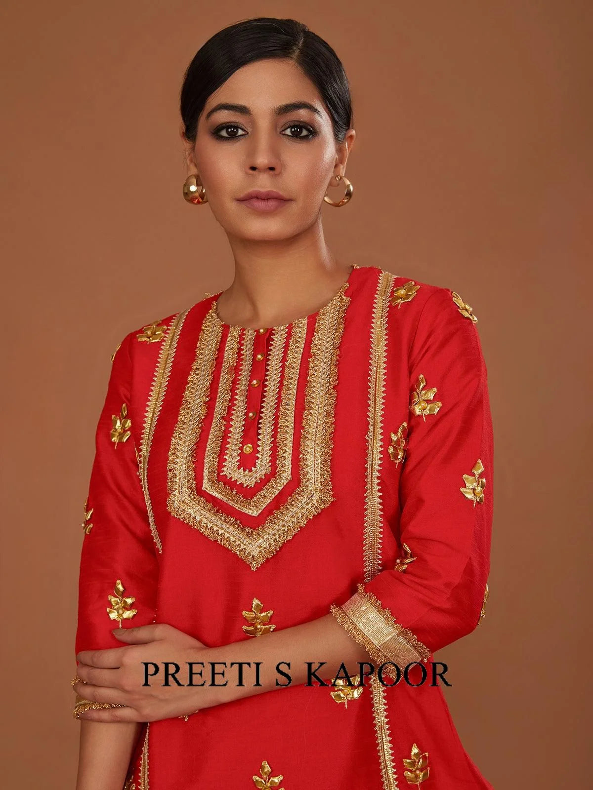 RED LONG KURTA WITH TAPERED SIDE CUT PANT AND DUPATTA - PREETI S KAPOOR